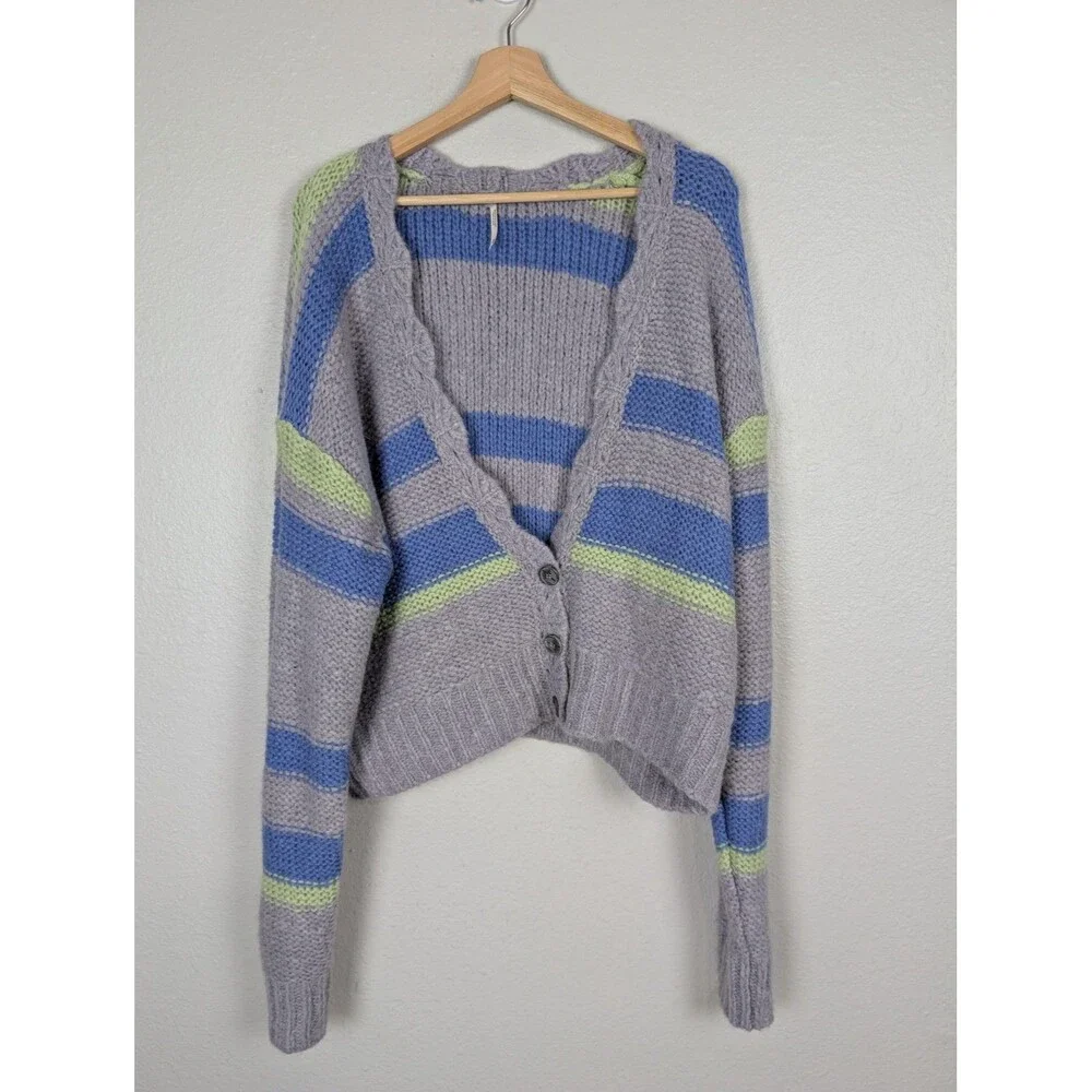 Free People Sweater Womens M Purple‎ Blue Green Striped Cardigan